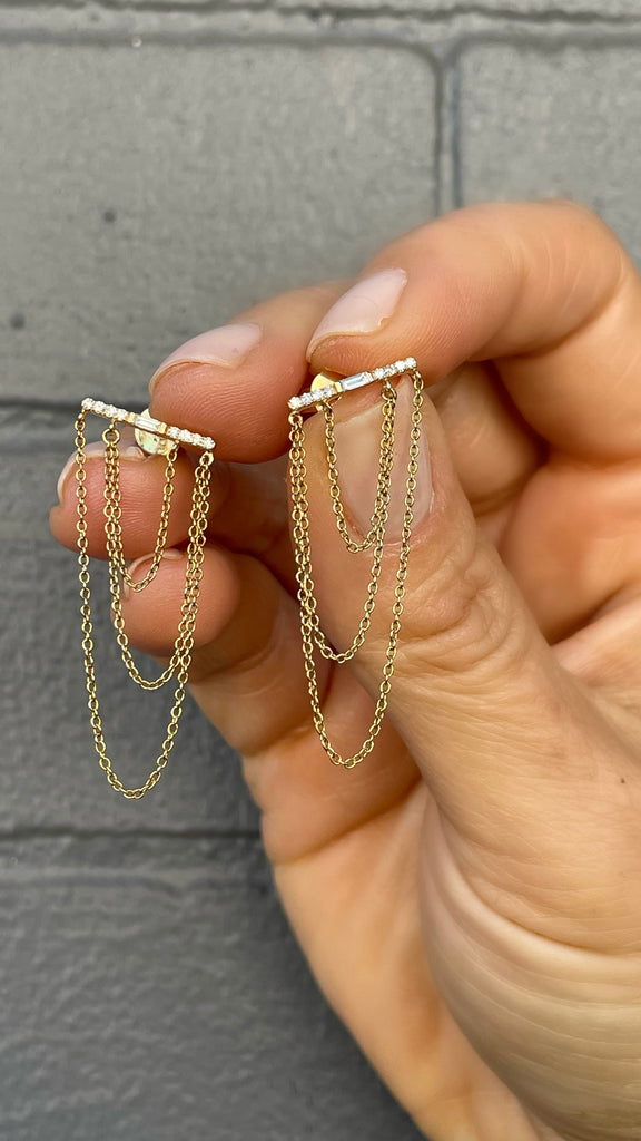 14K Gold Diamond Bar Chain Stud Earrings – Pamela Bloom Jewelry